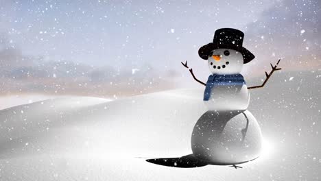 Animation-of-snow-falling-over-smiling-snowman-in-winter-scenery