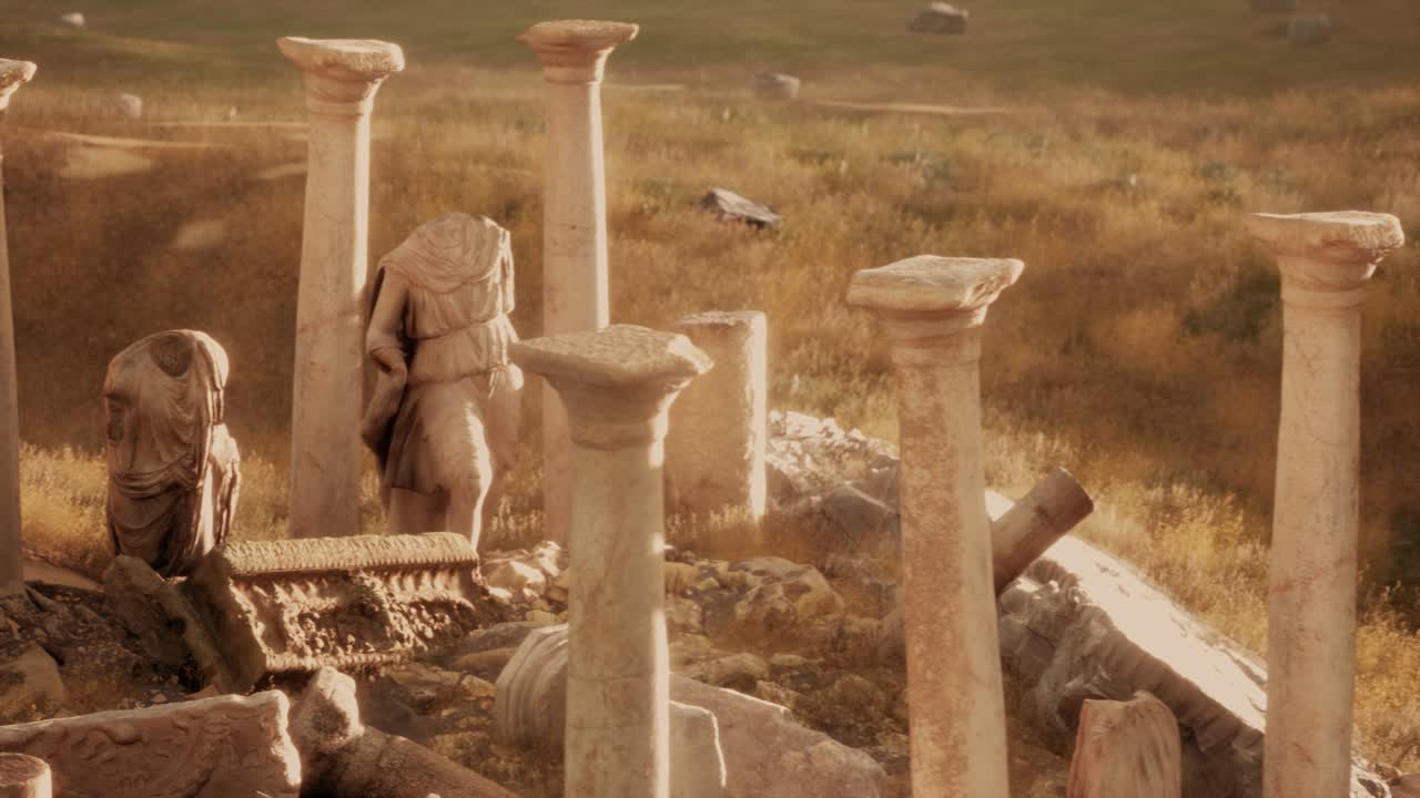 일몰 에 있는 옛 로마 사원 폐허