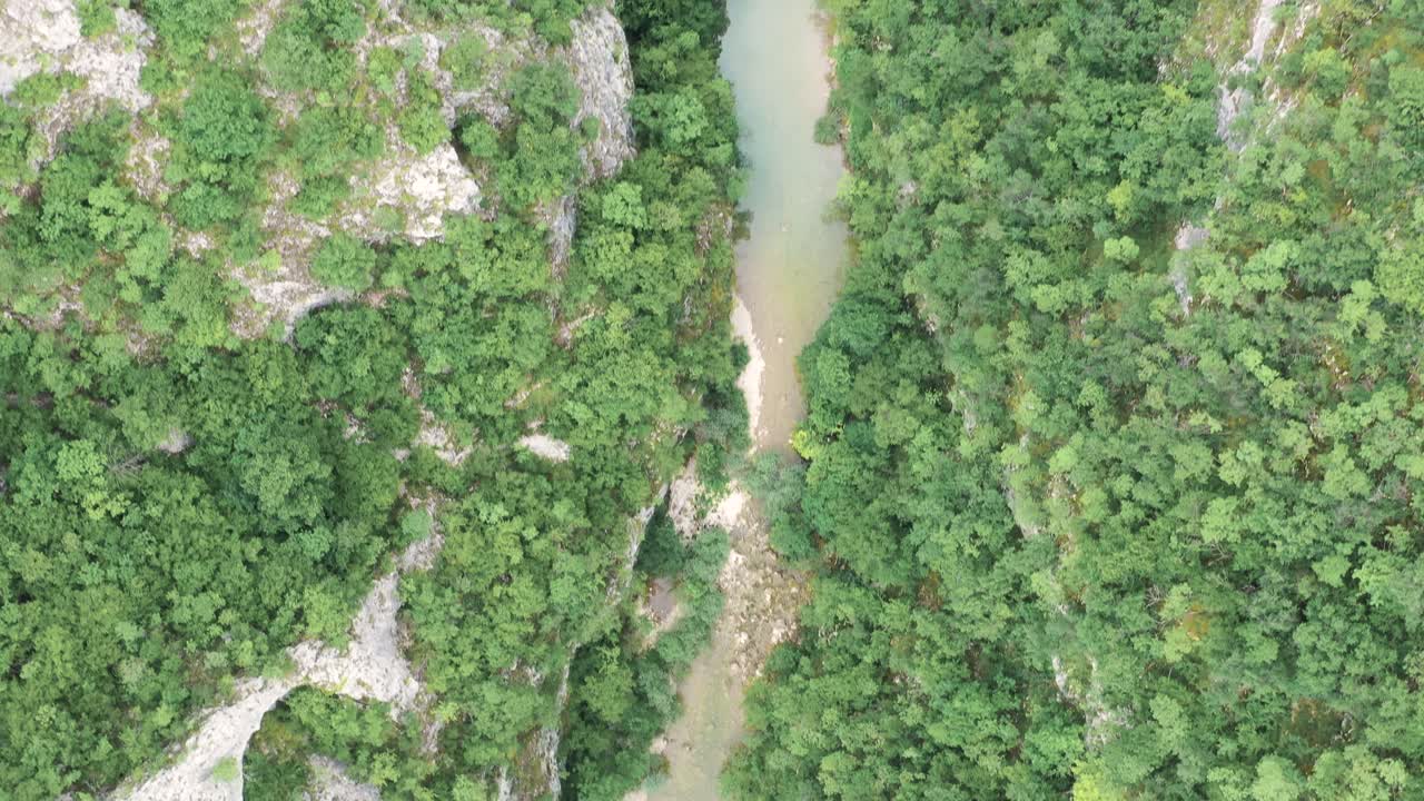 Drone flight over river in canyon, mountains covered with trees