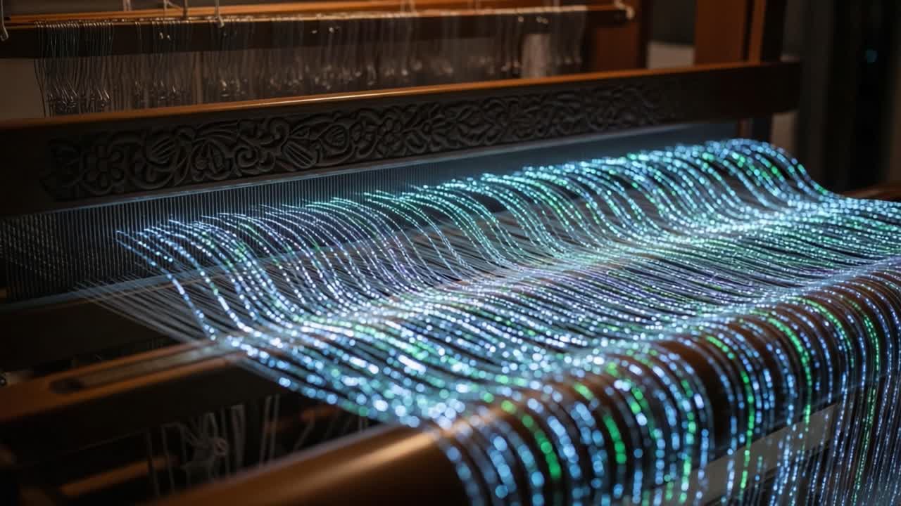 A Mesmerizing Display of Light and Texture: Close-Up on an Innovative Loom Weaving Colorful Threads with Radiant Digital Patterns for Stunning Textile Designs