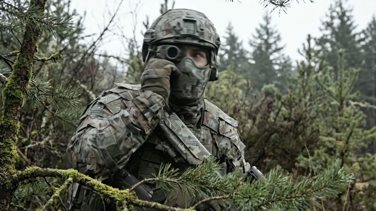 Soldato mimetizzato con equipaggiamento tattico che osserva in una foresta