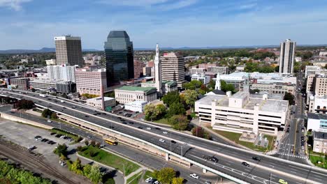 aerial orbit springfield massachusetts with traffic in foreground