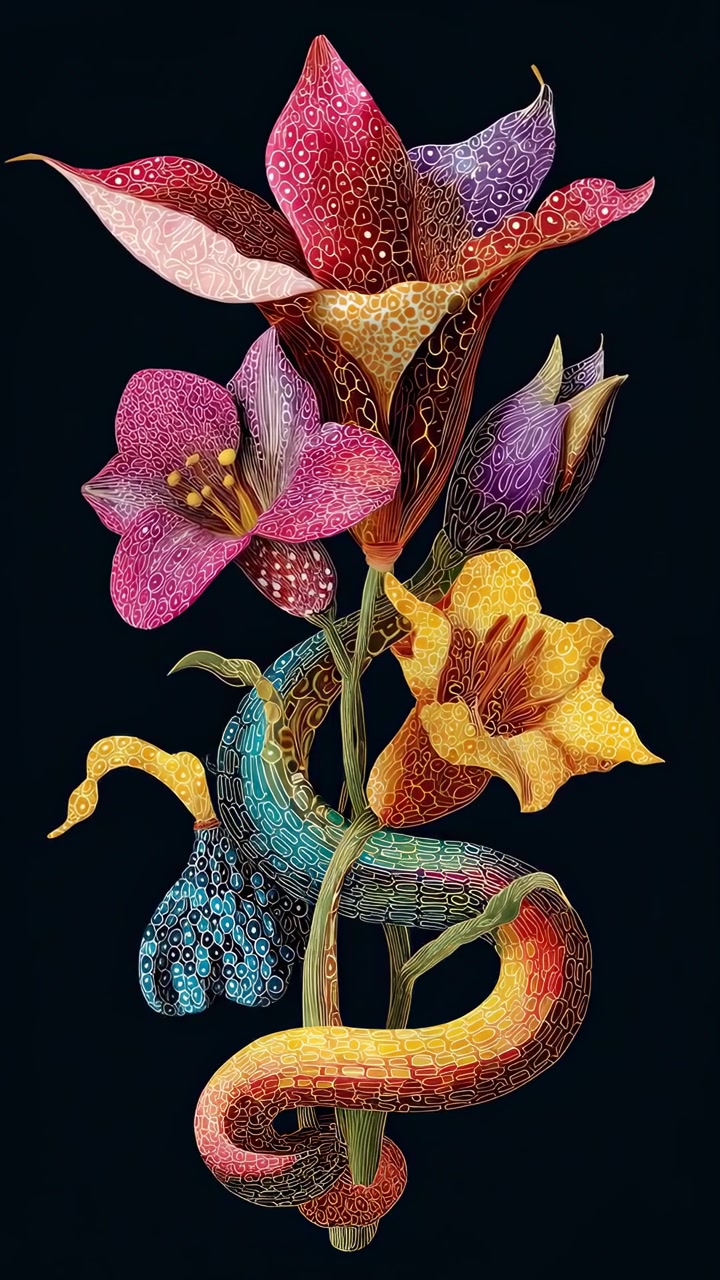 Intricate Mosaic Snake Coiled Around Vibrant Tropical Flowers