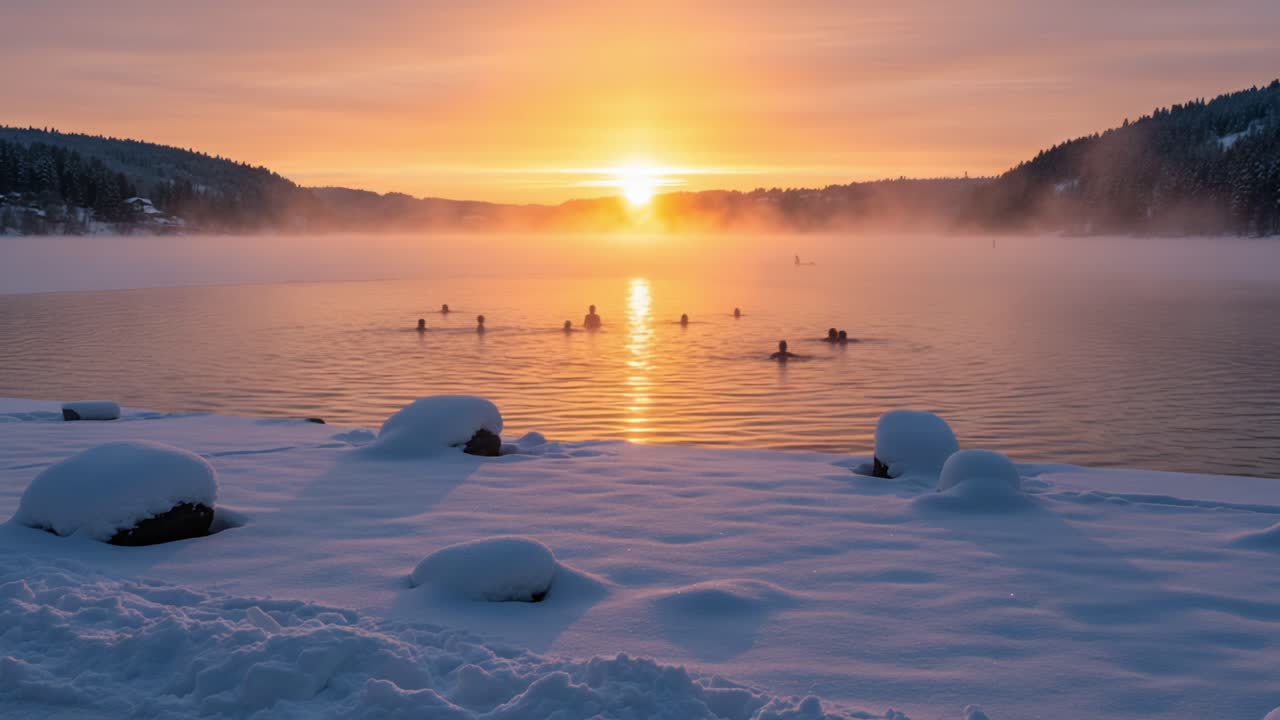 Serene Winter Sunrise Over a Misty Lake, With Swimmers Enjoying a Cool Dip Amidst Stunning Scenic Beauty of Nature's Tranquility and Warmth