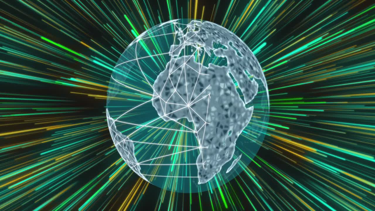 animación de la red de conexiones en todo el mundo y senderos de luz brillantes.