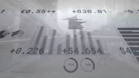 animation of financial data processing over cityscape