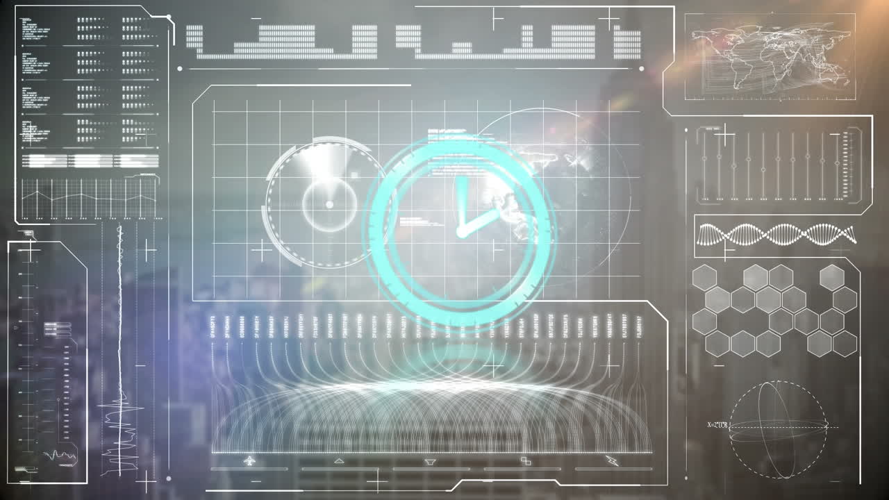 Animation of clock moving over data on grey background and cityscape
