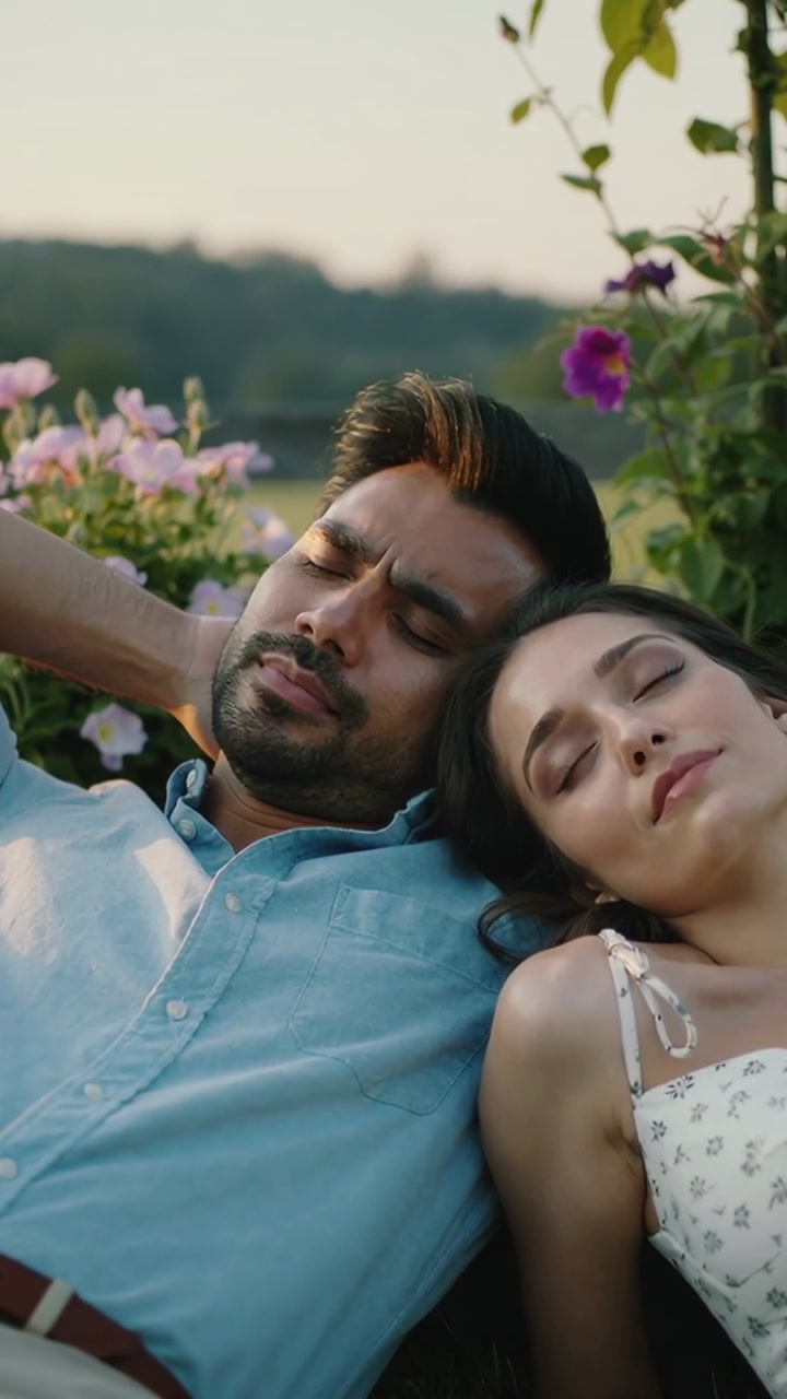 Sunlight warming couple in blue shirt, white dress, resting in garden by pink flowers near lake