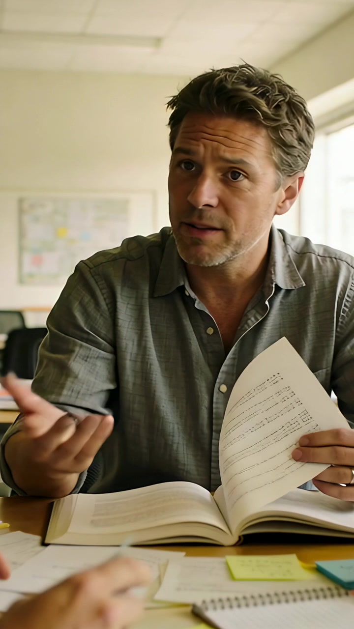 Vertical video: Reaching man with rolled sleeves pointing at book in classroom, explaining papers