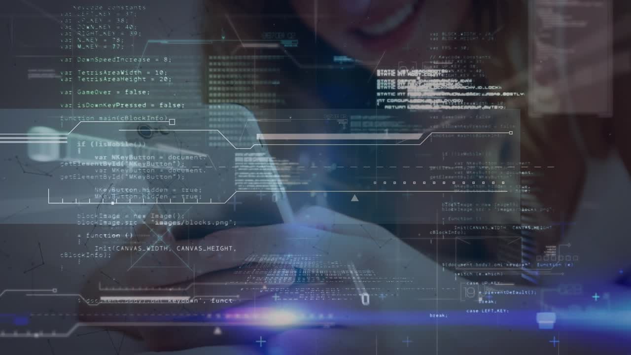 Animation of data processing over caucasian woman using smartphone