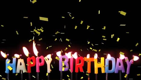 animation of gold confetti falling over lit candles spelling happy birthday, blown out, on black