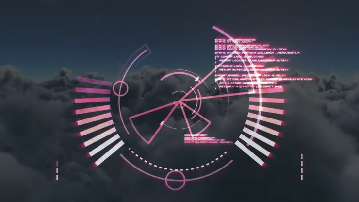 Radar futuristico e animazione di analisi dati su nuvole