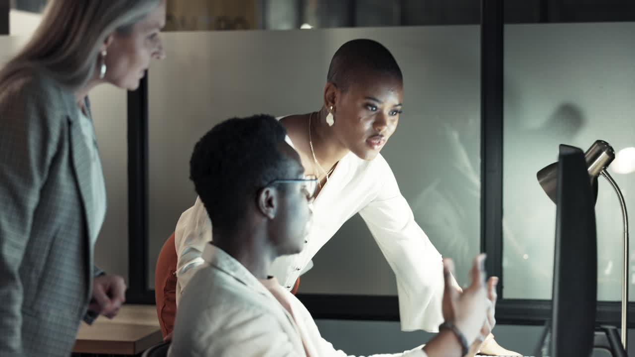 Planning, computer and business people in night