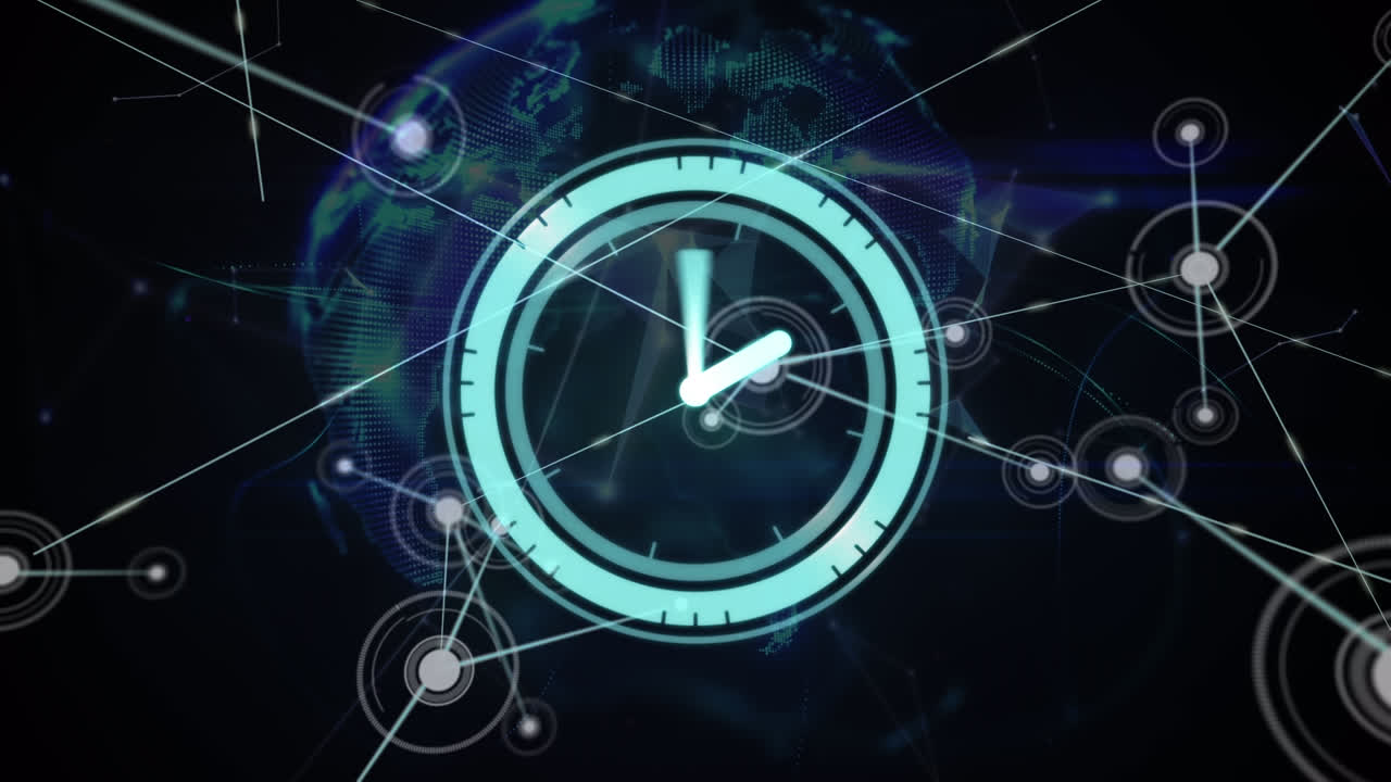 검은색 배경에 지구와 연결된 네트워크를 통해 움직이는 시계의 애니메이션