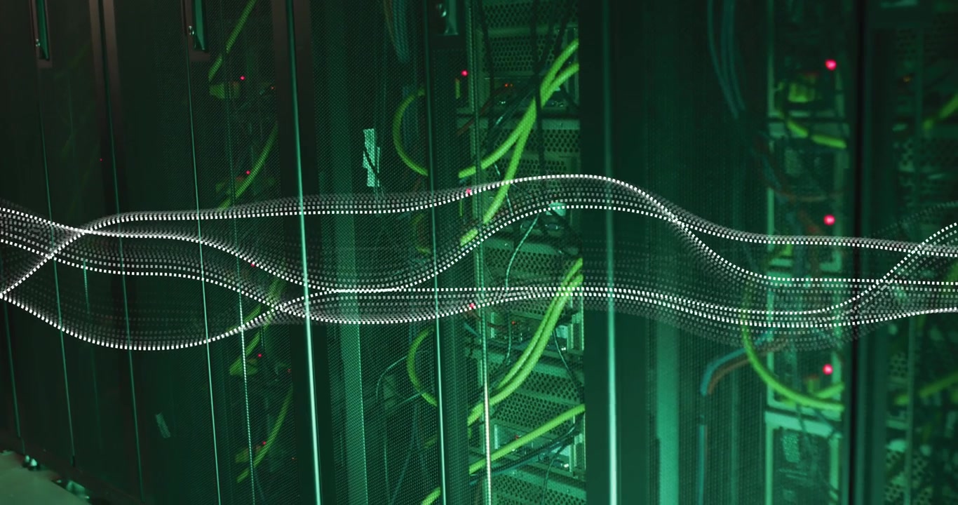 Animation of digital wave against close up of a computer server