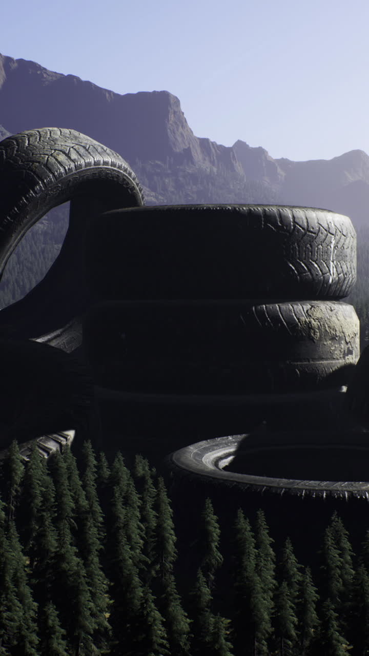 Environmental reflection on tire disposal near mountainous pine forest