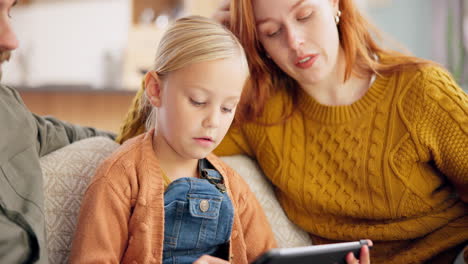 parents, girl kid and tablet in home for online