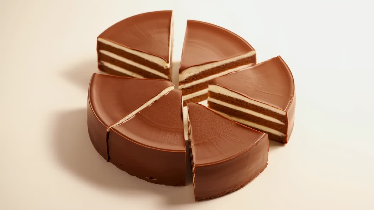 Skiver av sjokoladelagkake arrangert på beige bakgrunn, silkemyk ganache-glasur og synlige kakebunnlag