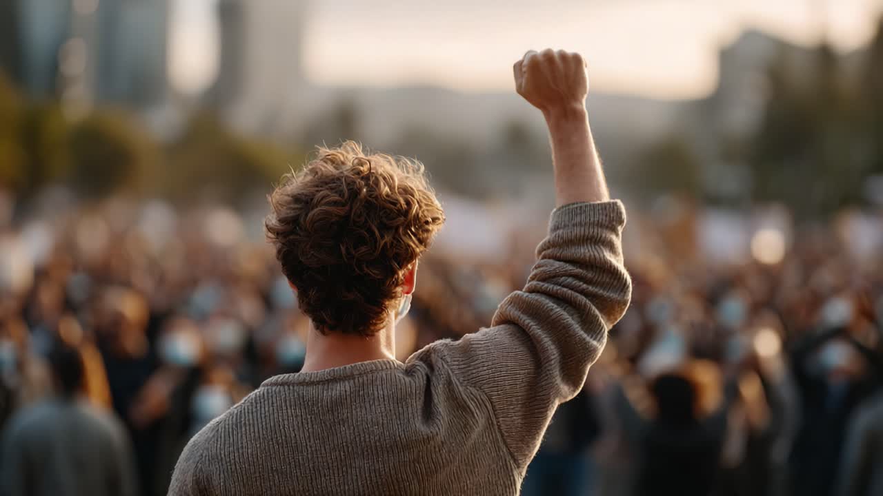 A Resolute Stand Amidst a Sea of Voices: A Passionate Individual Raising Their Fist in Protest, Signifying Unity and Strength in a Collective Movement for Change