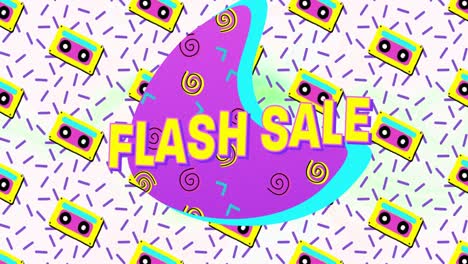 Flash-Sale-Text-Auf-Violettem-Banner-Vor-VHS-Kassettensymbolen-In-Nahtlosem-Muster-Auf-Weißem-Hintergrund