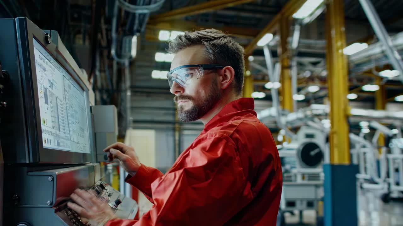 Factory worker wearing protective eyewear operating complex control panel, managing industrial machinery with professional concentration and technical skill