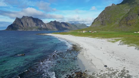 uttakleiv beach at lofoten islands in norway, scandinavia - aerial circling