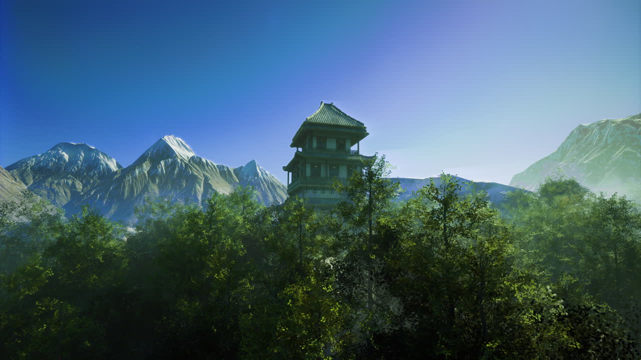 Exploring a traditional japanese structure surrounded by mountains and trees