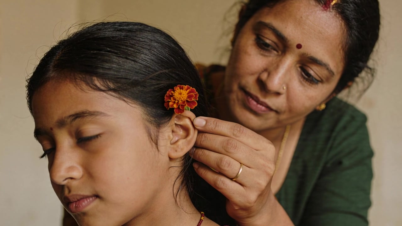 Tucking mom leaning in, placing marigold behind girl's ear at home to adorn hair, green top