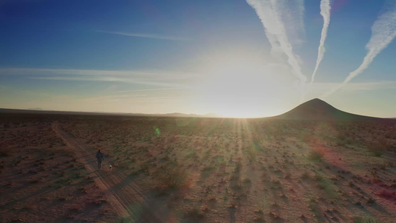 hombre y perro caminando por el desierto de mojave al amanecer