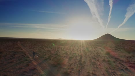 Man-and-dog-walking-through-the-mojave-desert-at-sunrise