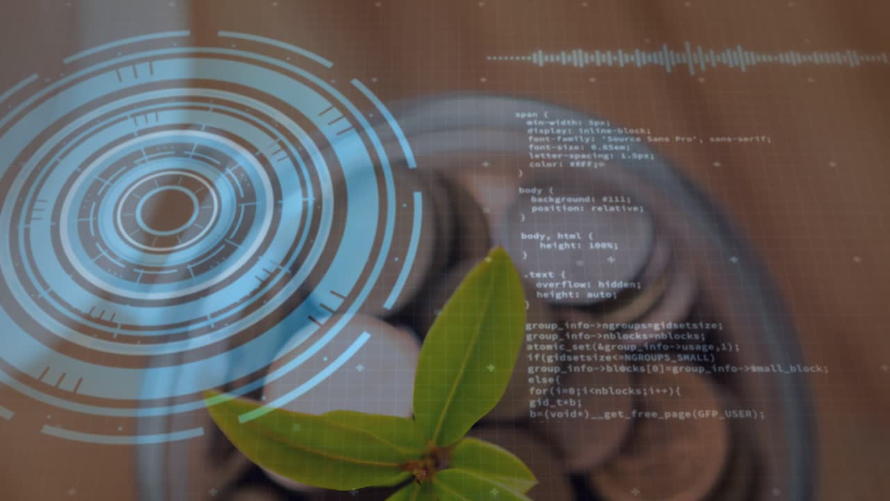 On ping HUD rotating and scanning plant, code unlocking and specks drifting for assessing growth