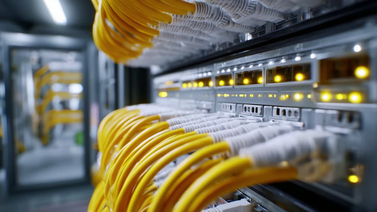 A close-up view of well-organized server cables demonstrating the intricacies of modern data center connectivity and network infrastructure