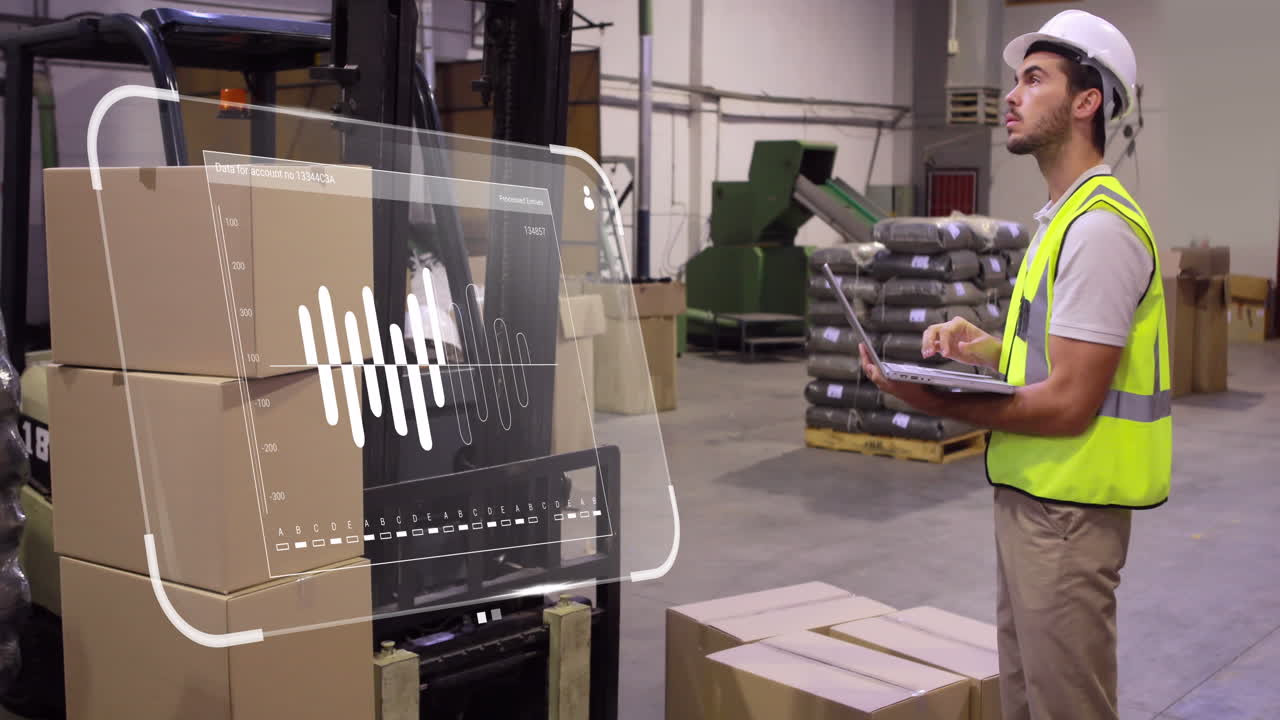Animation of data processing on screen over caucasian man working in warehouse