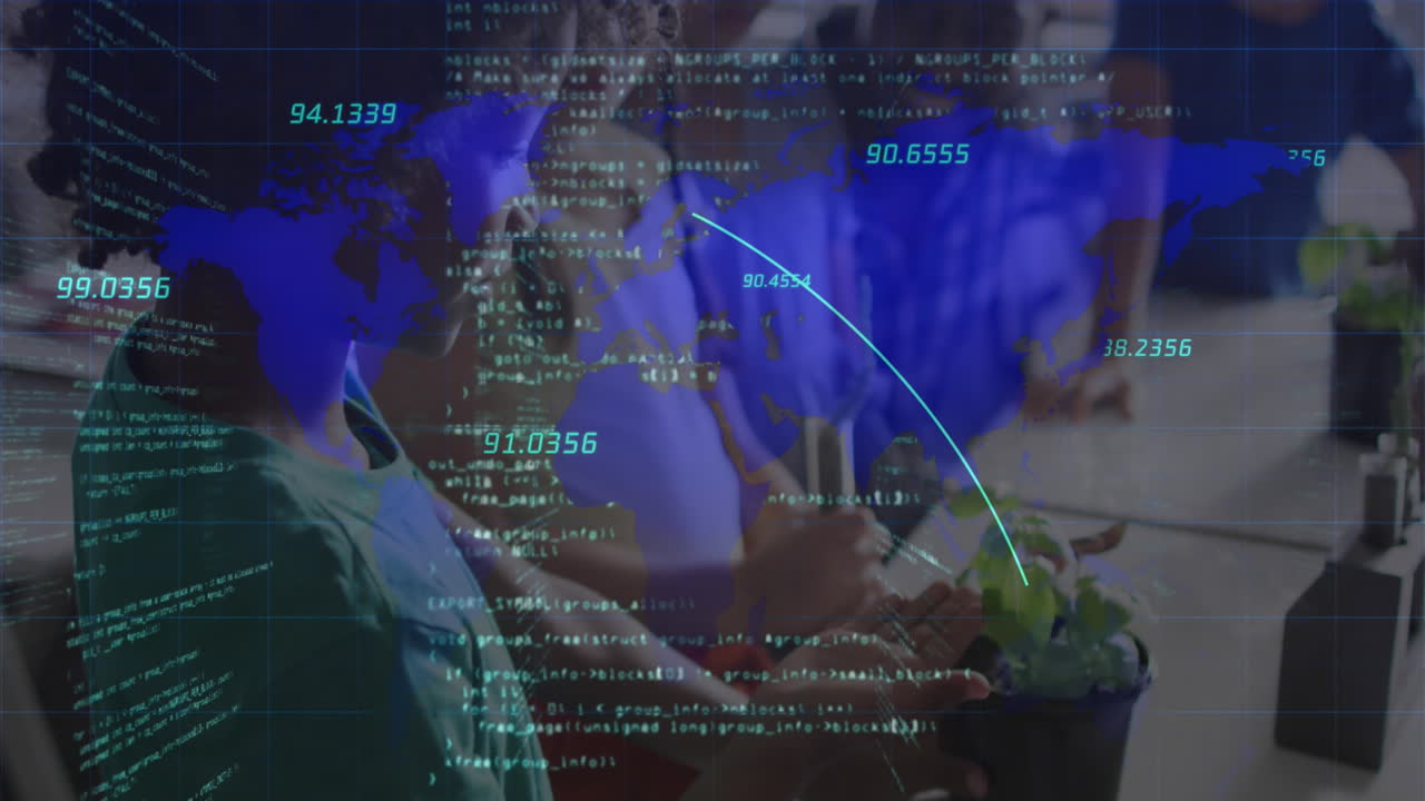 Animation of computer language, lines on map over diverse coworkers sharing ideas in office