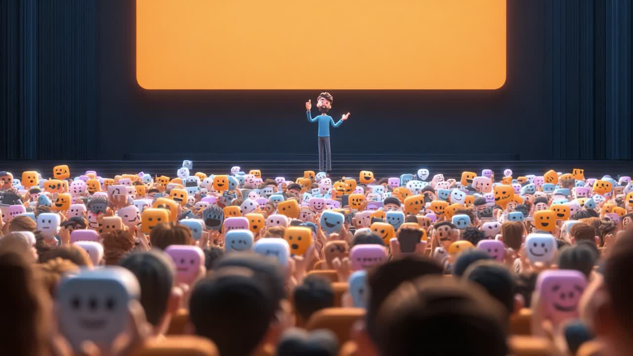 Engaging Presentation in a Vibrant Theater Setting: A Captivated Audience Receives Enthusiastic Speech with Colorful Reaction Icons that Reflect Diverse Emotions and Engagement from Each Attendee in Attendance