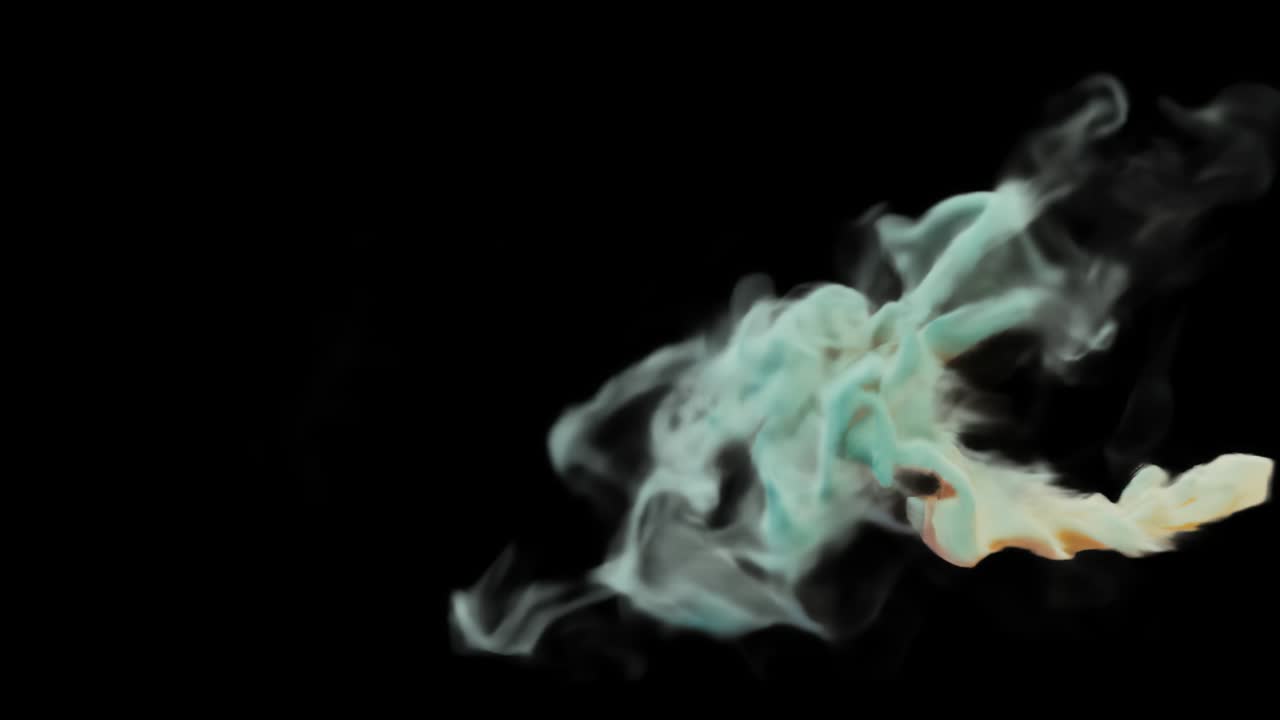 Fargerik røykstrøm på en svart studiobakgrunn som kan skilles eller brukes kontinuerlig. Røyksky, blekkaktig sky som virvler og flyter under vann, tykk røyk, høy tetthet og turbulens, 3D-gjengivelse