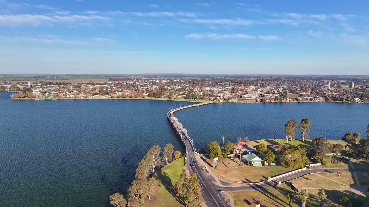 Aerial circle over the Mulwala end of the road bridge and Yarrawonga Victoria Australia beyond