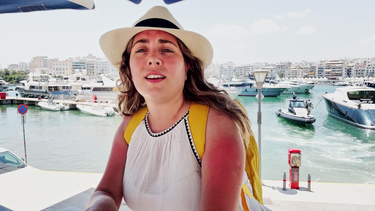 Woman enjoying a view of a marina in Greece