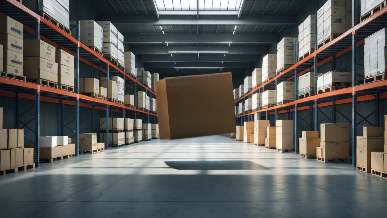 Empty Warehouse with Racks of Boxes and a Central Giant Box
