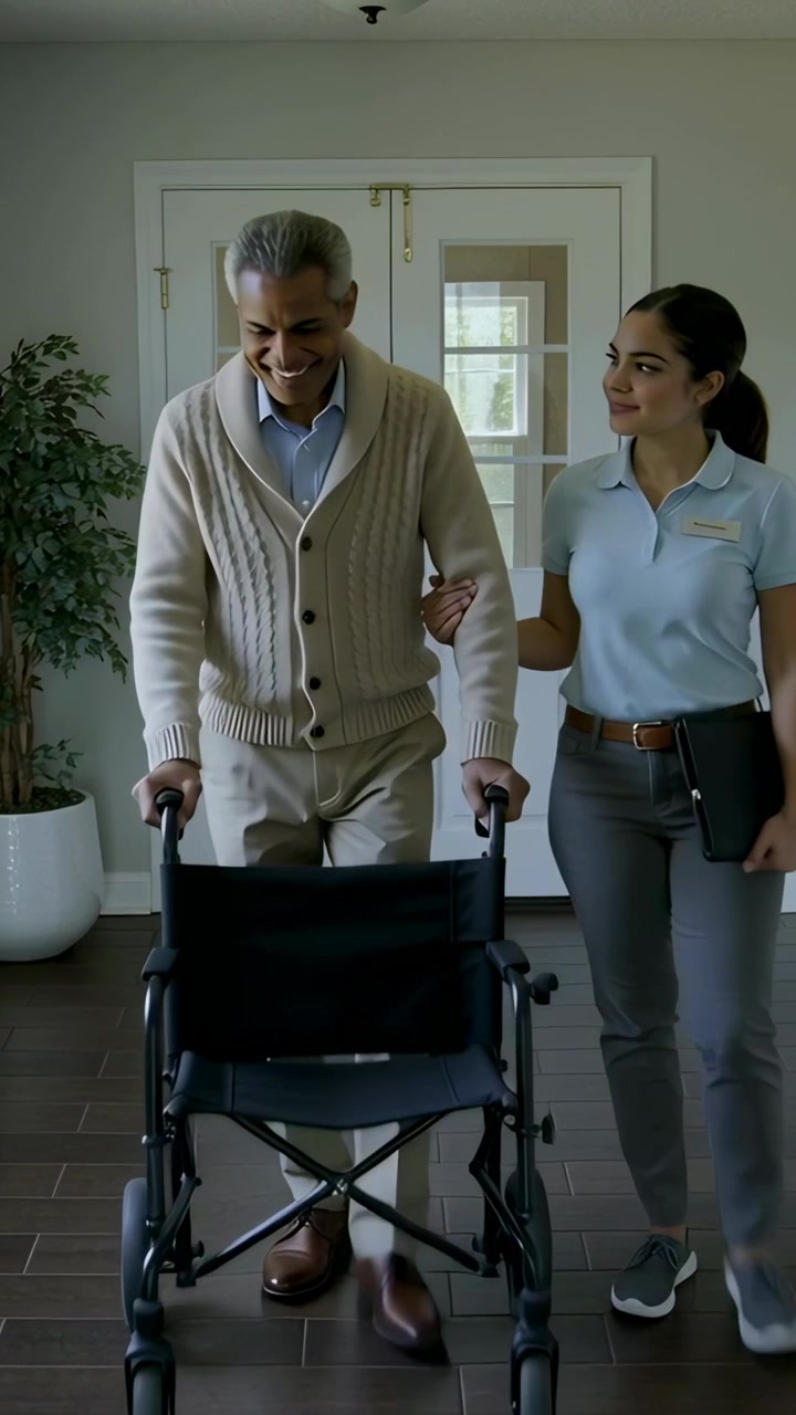 Vertical video: Linking arm caregiver in blue polo guiding senior man walking in foyer, with walker