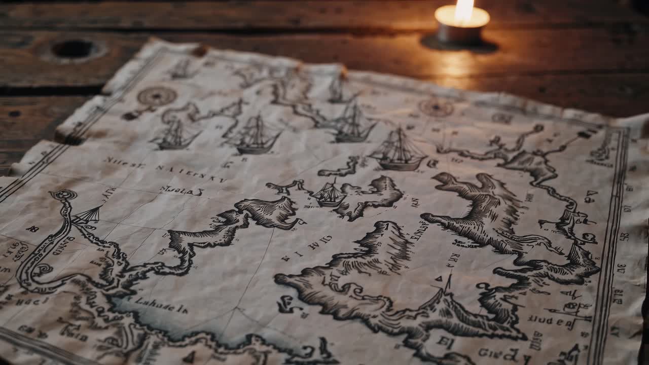 Vintage map on rustic wooden table, lit by candlelight