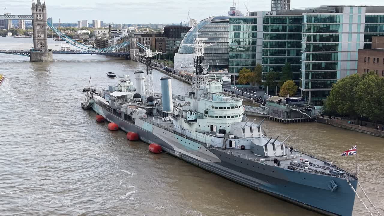 HMS Belfast moored on river Thames London UK drone,aerial