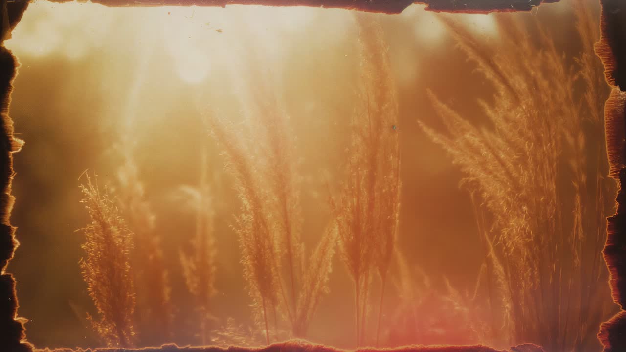 Swaying tall golden grass plumes reacting to shifting sun rays and breeze in meadow, film vignette