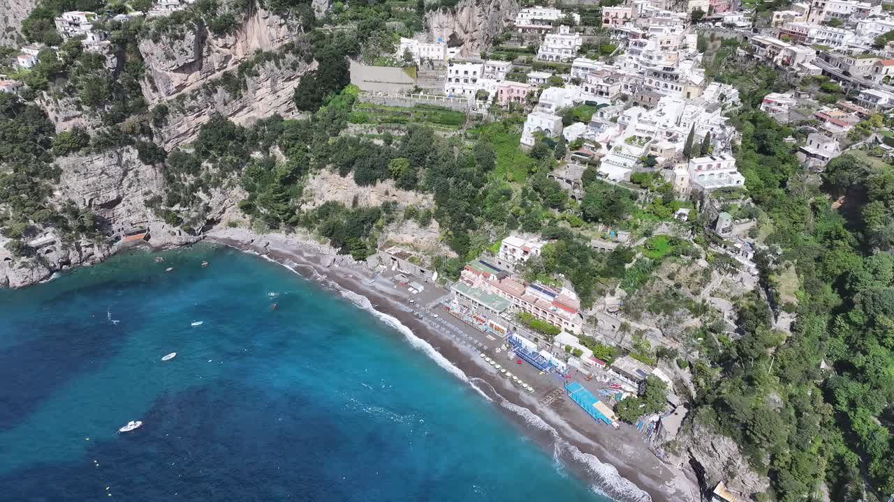 Amalfi Coast At Positano In Salerno Italy. Beach Landscape. Tourism Landmark. Amalfi Coast At Positano In Salerno Italy. Gulf Of Salerno Skyline. Coastal Cityscape. Mediterranean Sea