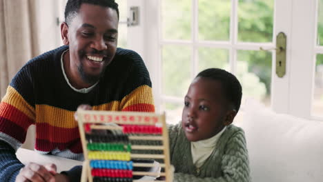 Black family, abacus and father with kid