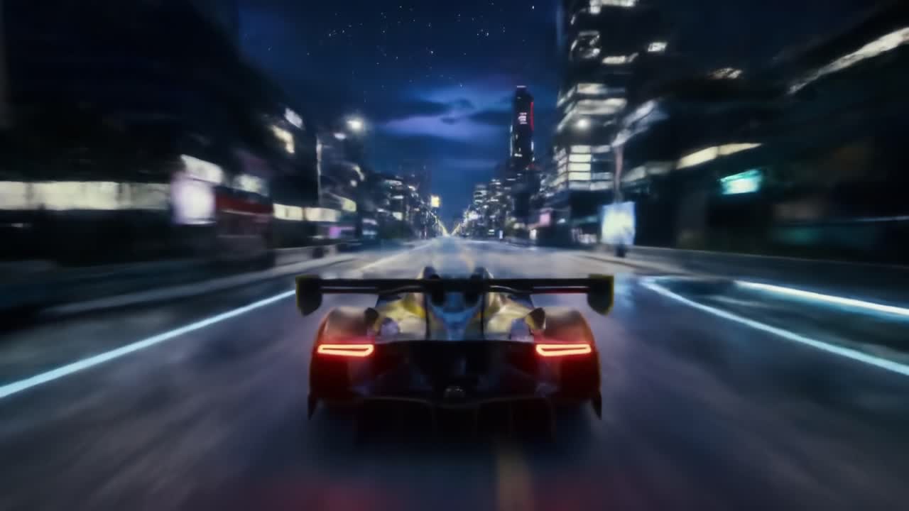 Una straordinaria scena di corsa notturna che mostra un'auto ad alte prestazioni sfrecciare attraverso una vivace città lungo una strada urbana abbagliante sotto un cielo stellato