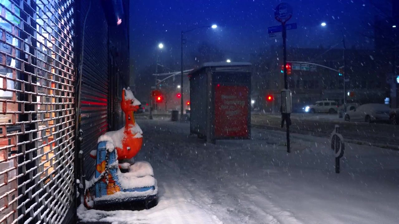 New York, USA, 20. února 2026: Silné sněžení v noci na opuštěné ulici města New York. Pohled na autobusovou zastávku a zavřené rolety výloh během intenzivní zimní vánice ve městě.