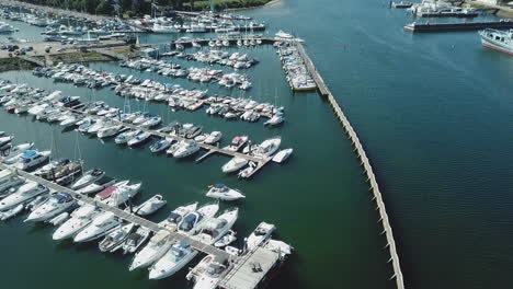 Aerial-view-of-marina-a-dock---yachts-and-small-boats