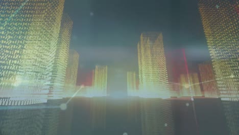 animation of dots connected with lines moving amidst illuminated skyscrapers in city