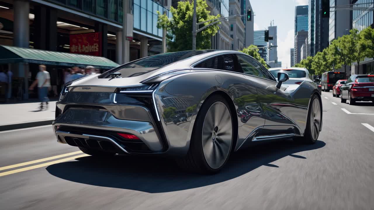Fotograma de video dinámico de un coche elegante desde un ángulo trasero bajo, conduciendo por una calle de ciudad moderna.